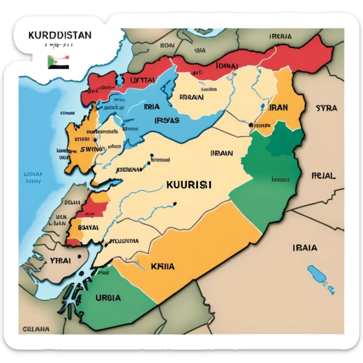 Map of Kurdistan showing the Kurdish region across Turkey, Iraq, Iran, and Syria sticker