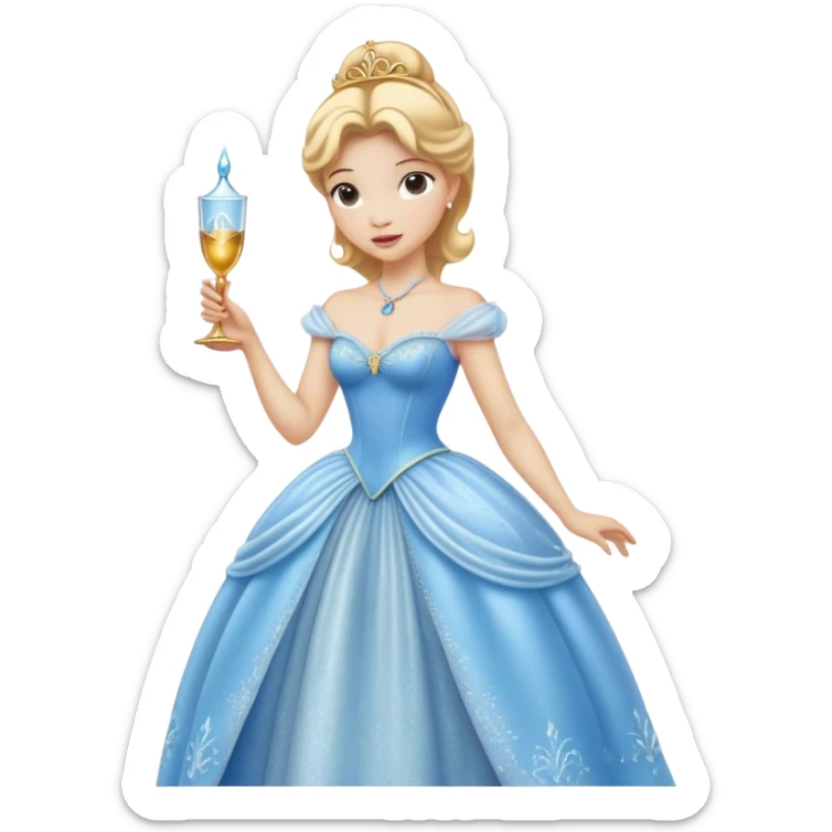 Cinematic Realistic Cinderella Portrait, depicted with lifelike skin texture, subtle rosy undertones, and soft natural lighting that enhances the gentle contours of her face. Her intricately detailed golden blonde hair is elegantly styled in an updo, with delicate wisps framing her face. Her deep, expressive blue eyes radiate warmth and sincerity, reflecting a quiet resilience and grace. She holds a glass slipper gently in one hand, her other hand resting gracefully at her side, emphasizing the timeless beauty of the moment. She is dressed in her iconic ball gown, the fabric shimmering with intricate embroidery and fine translucent layers that catch the light beautifully. The soft sheen of satin gloves adds a magical touch to her graceful pose. The portrait features an enchanting glow with a natural, luminous finish, seamlessly blending realism and fairytale charm to evoke a sense of depth, elegance, and timeless beauty. sticker