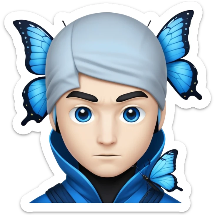 Crea una imagen con estos dos emoji 🥷🏻🦋
él ninja de piel blanca con la mariposa azu posada en el hombro como si estuviera volando. sticker