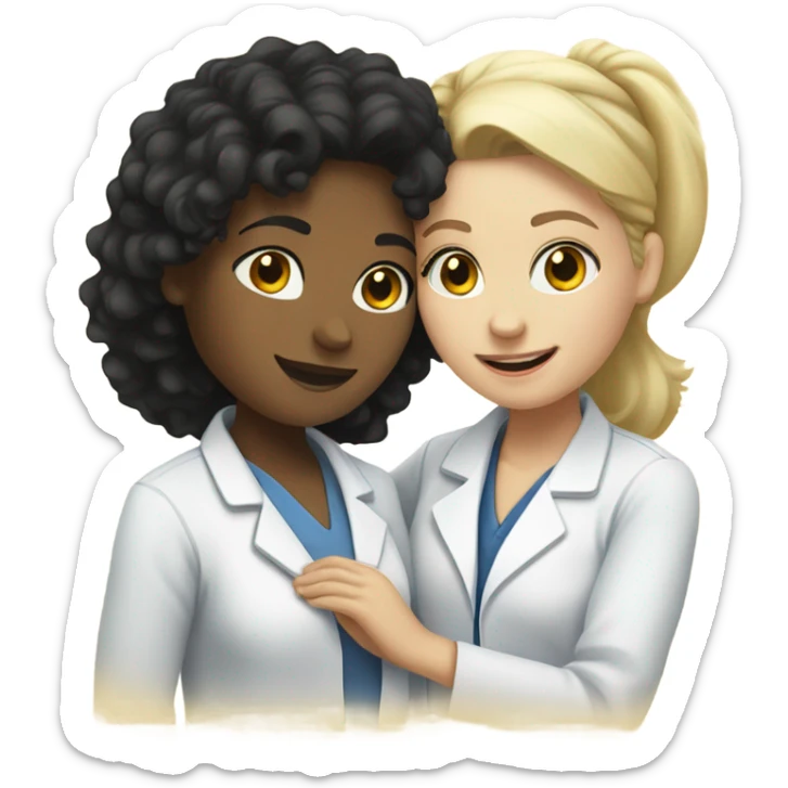 a black curly hair woman doctor hug a blonde straight hair girl  sticker