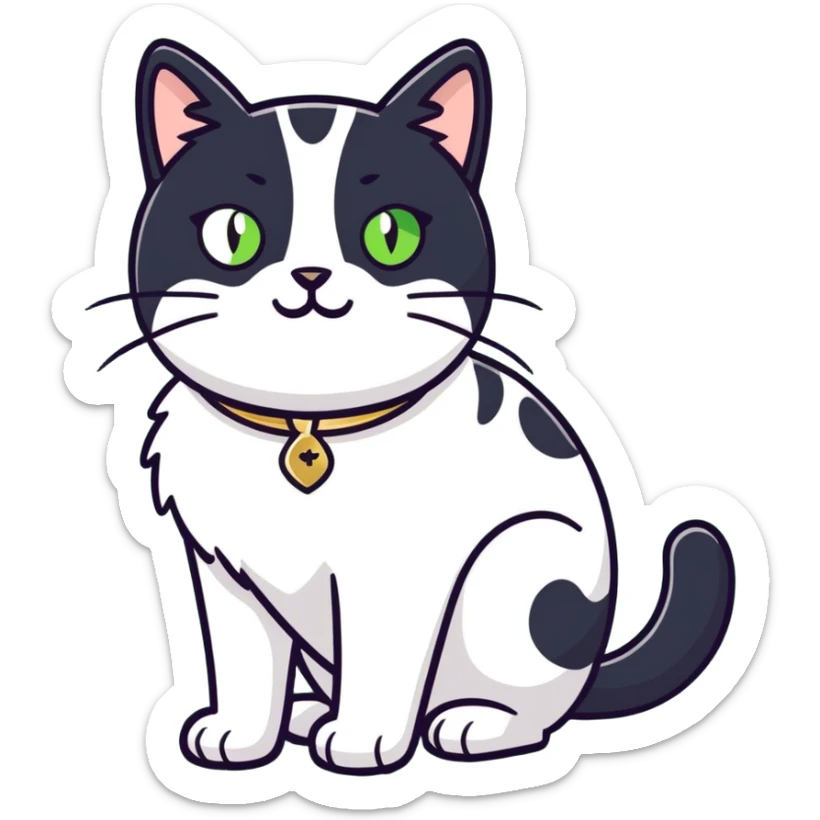 Female Tuxedo domestic short hair, more white than black similar to a cow, green/gold eyes sticker