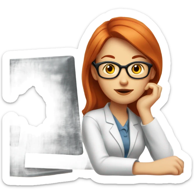 red hair woman nutritionist wearing glasses with hand on chin having an good idea monitor desk sticker
