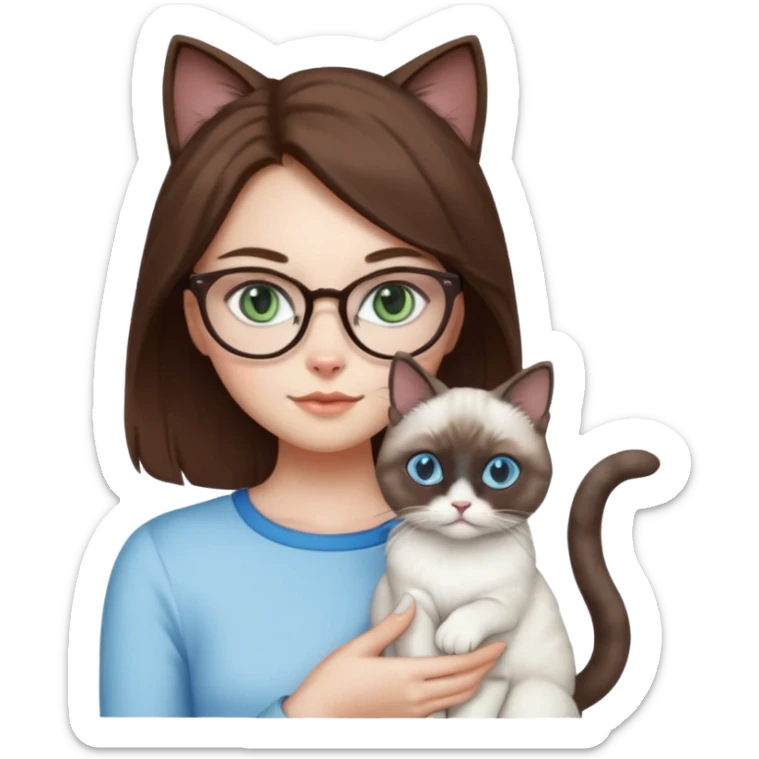 O data cu parul saten ,ochii griji-albastrii ,ochelari și codițe de pisica ..și langa o pisicuță alba pufoasa ,cu ochii verzi și o a doua pisica siameza pufoasa cu capul maro -negru și coada ,restul corpului un maro deschis spre alb  , ochii albaștrii  sticker