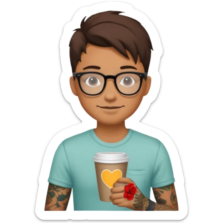 gözlük takan, dövmeli ve elinde kahve tutan, yaz kıyafetli insan sticker