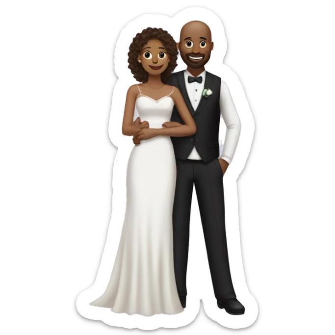 Black bald man with a beard and his wife with long, brown, curly hair on their wedding day sticker