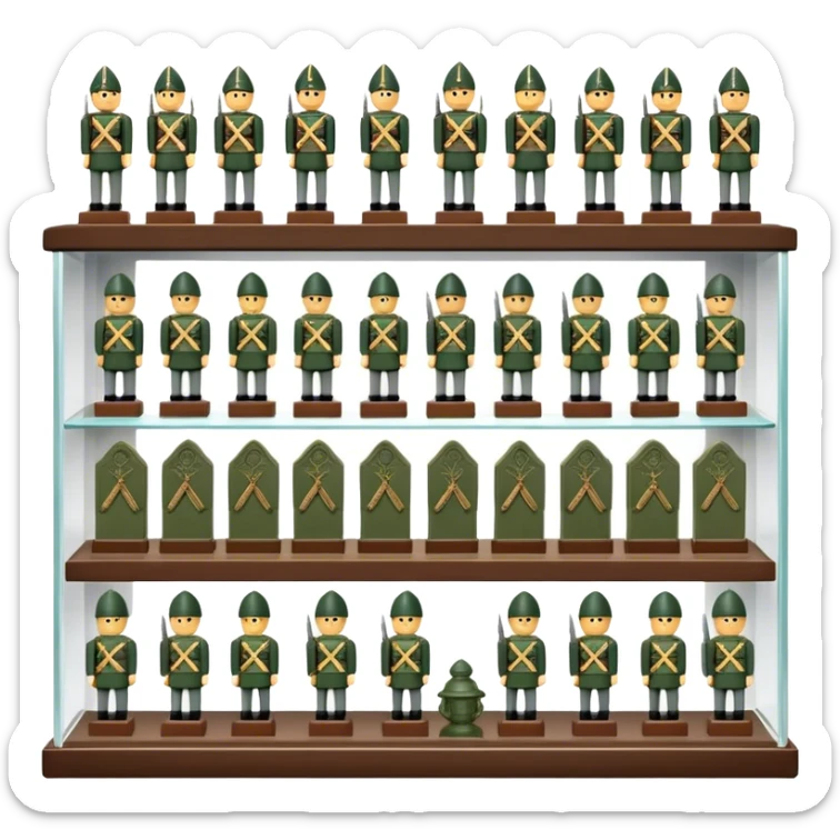 Icon for Miniature Collecting: a collection of finely detailed miniature items such as tiny army of soldiers, figurines and accessories, neatly displayed on a shelf or in a display case. The icon should convey the intricacy and charm of collecting miniature objects. Transparent background. sticker