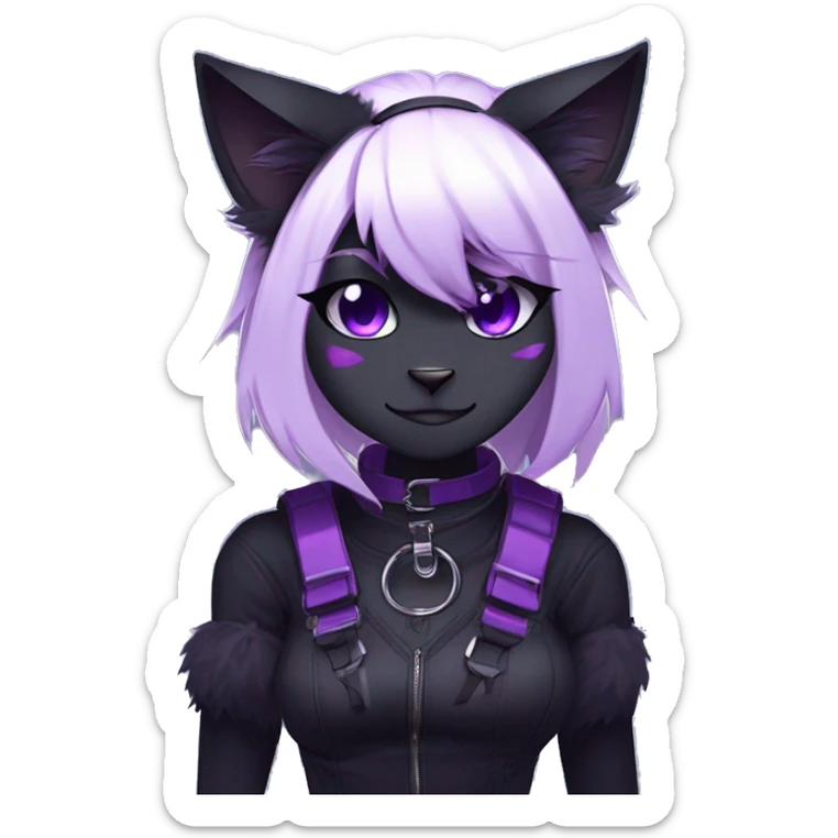 Gorgeous furry gothic dark techwear anime style anthro black cat furry sona Fakemon with blushing face aesthetic and pretty edgy black with violet collar and harness trending style sticker