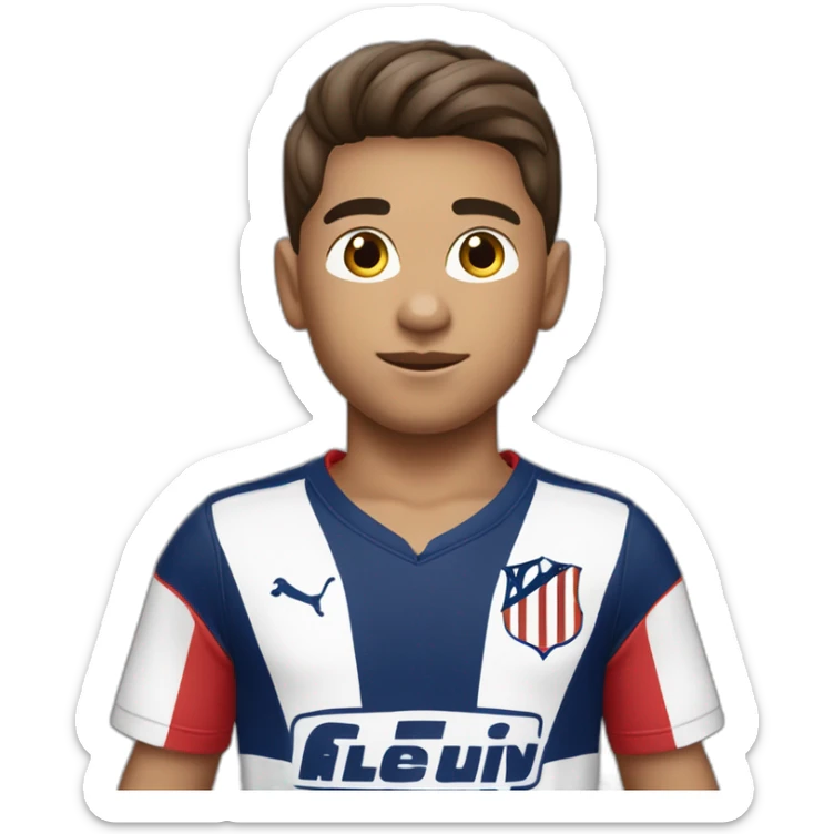 Niño piel blanca de 6 años, pelo marrón liso y corto, ojos marrones  con camiseta del Atlético de Madrid sticker
