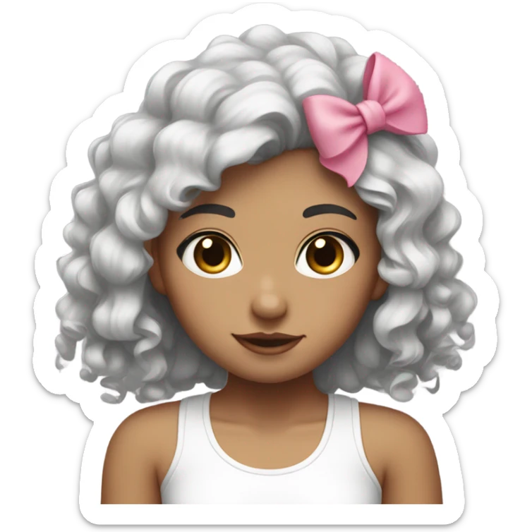 girl with a pink bow and dark brown curly hair wearing a white tank top. Black eye colour. sticker