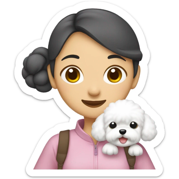 Hair-in-a-bun traveling Asian woman carrying a happy and cute Korean-style bichon frise sticker
