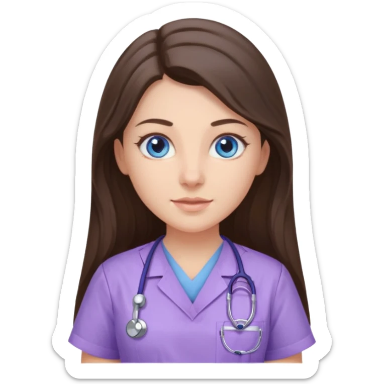 pretty brunette nurse with long hair and blue eyes in lilac scrubs sticker