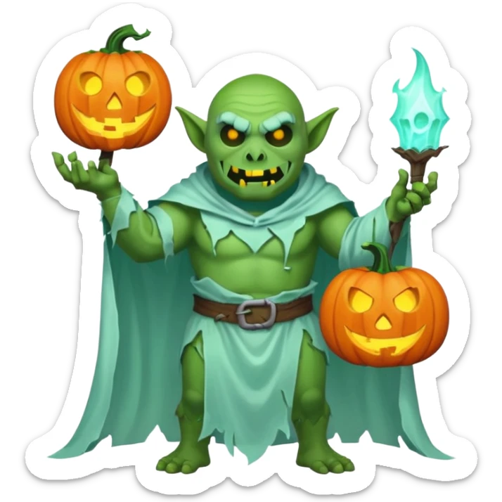 male orc ghost emoji, green skin, tusks, wearing torn white ghost sheet costume, holding glowing jack-o'-lantern, faint blue aura, friendly but spooky expression, Halloween fantasy theme, Apple emoji style, clean white background, square sticker