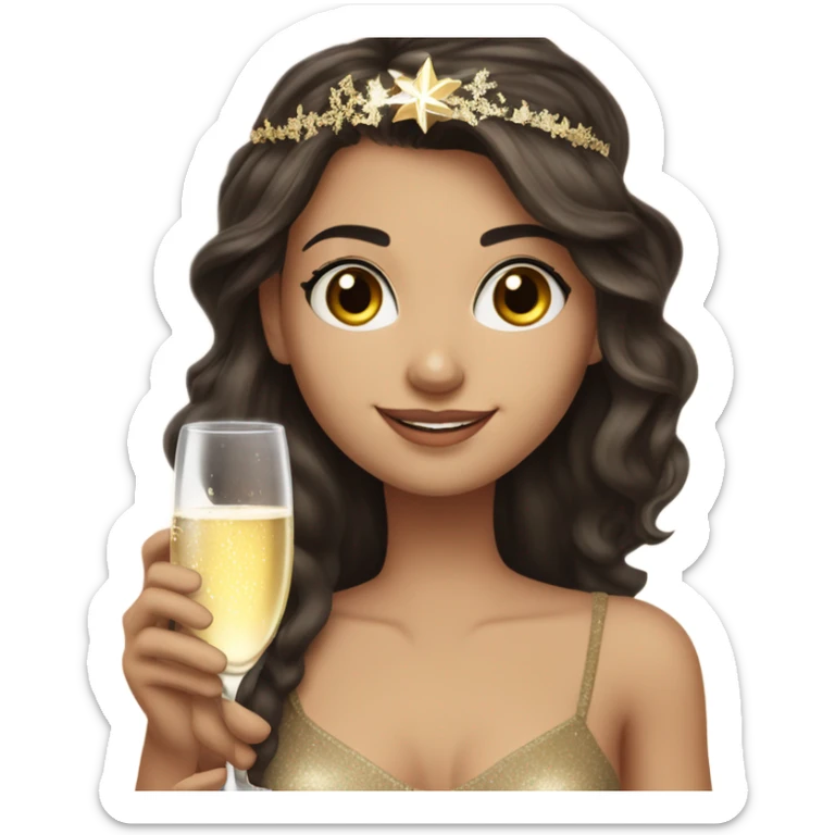White girl with long dark brown hair and brown eye wearing a happy new year headband and holding a champagne glass sticker