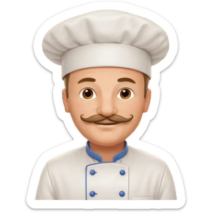 Est-ce que tu peux me faire un chef cuistot qui ressemble à Philippe Etchebest et qui est devant un restaurant? Est-ce que tu peux le faire souriant, avec une moustache de cuistot? 
 sticker