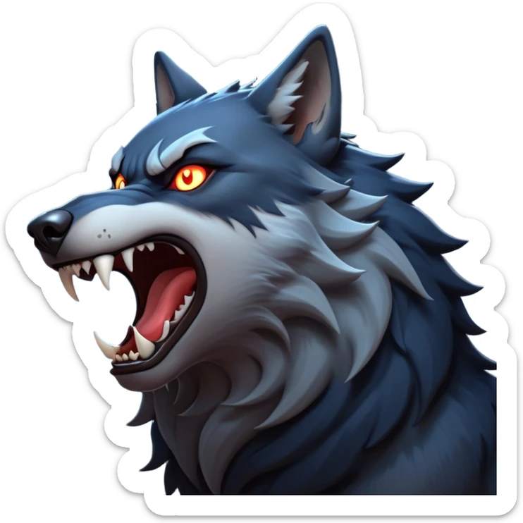 cinematic-noble-fierce-werewolf-howling-portrait-emoji, poised-and-imposing, with a fierce wolfish face tilted upwards in a haunting howl, glowing eyes full of primal ferocity, sharp, and a rugged snout, fur rippling in shades of midnight black and silver, muscles tensed as the powerful howl echoes beneath the moonlit sky; rendered with realism, capturing the raw, untamed power of the beast in its wild, primal state sticker