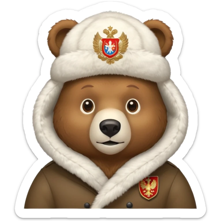 Cute brown bear in white fur ushanka hat with centered Russian coat of arms, front view, iOS emoji style sticker