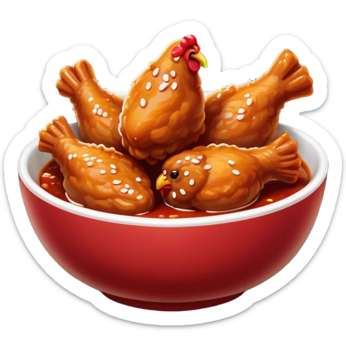 Korean Fried Chicken Cinematic Realistic Korean Fried Chicken Dish Emoji, depicted as bite-sized chicken pieces generously coated in a glossy, spicy sauce, in a bowl. sticker