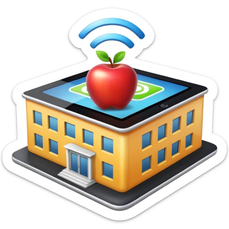 shiny school building with Wi-Fi symbol on the roof and a tablet in front, Apple emoji style, clear details sticker