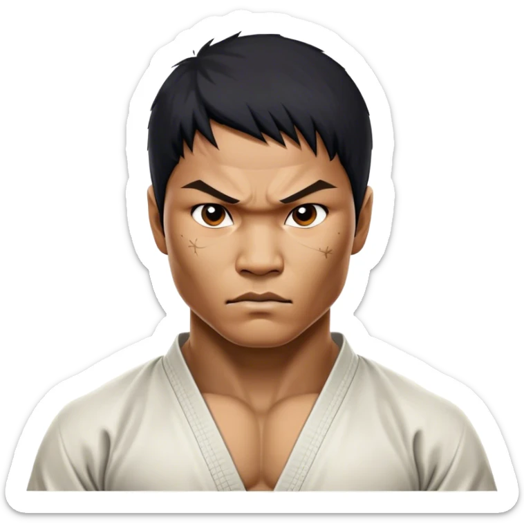 ​Cinematic Realistic Portrait of Tony Jaa, a close-up depiction capturing his intense, determined expression and finely detailed features, rendered with dramatic natural lighting that emphasizes his rugged athleticism and unmistakable martial arts presence, sticker