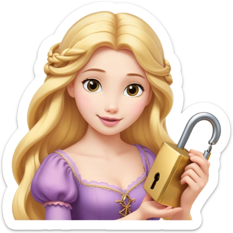 Cinematic Elegant Rapunzel Portrait Emoji, Twirling a lock of her golden hair, dreamy expression, soft pink lips curving into a gentle smile, delicate yet mesmerizing, a princess with a heart full of adventure and beauty! sticker