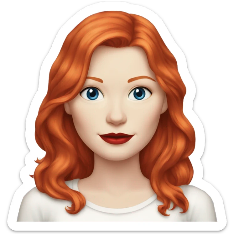 Kirsten Dunst, long red hair, blue eyes, pale skin, red lipstick, white t-shirt sticker