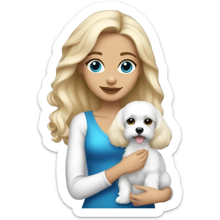 Cute long haired Blonde nightclub girl with blue eyes and holding white cavachon dog sticker