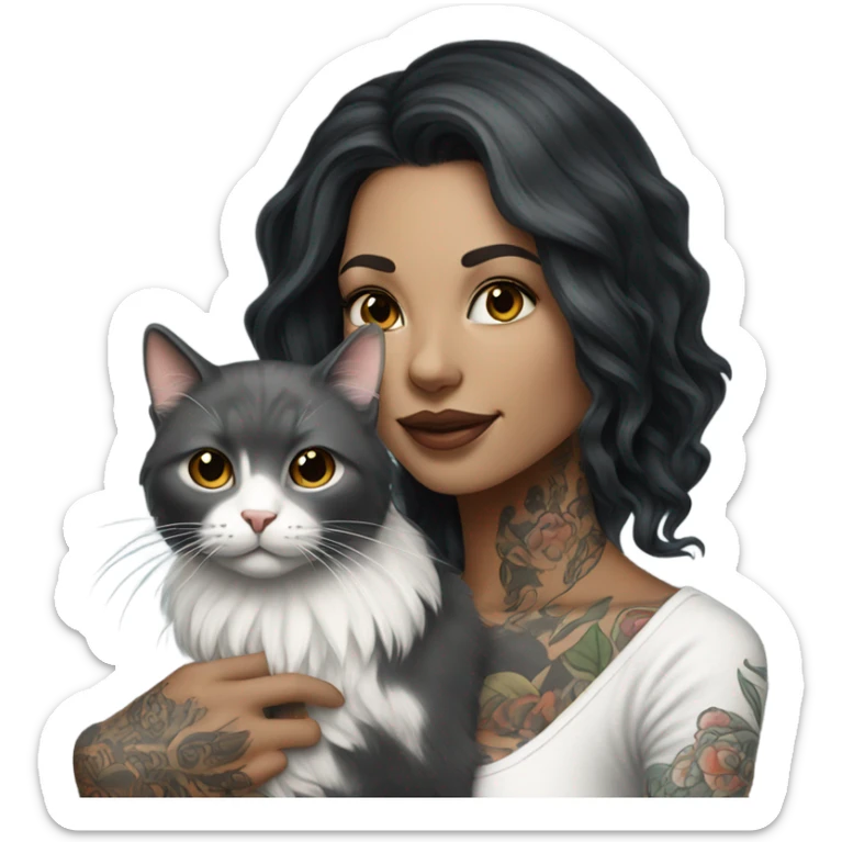 Beautiful dark haired tattooed woman holding gray and white long hair cat sticker