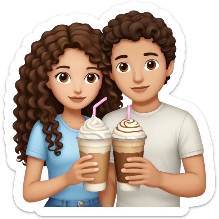 Create an emoji of a brunette girl with long curly hair holding hands with her white boyfriend, both holding a frappe. sticker
