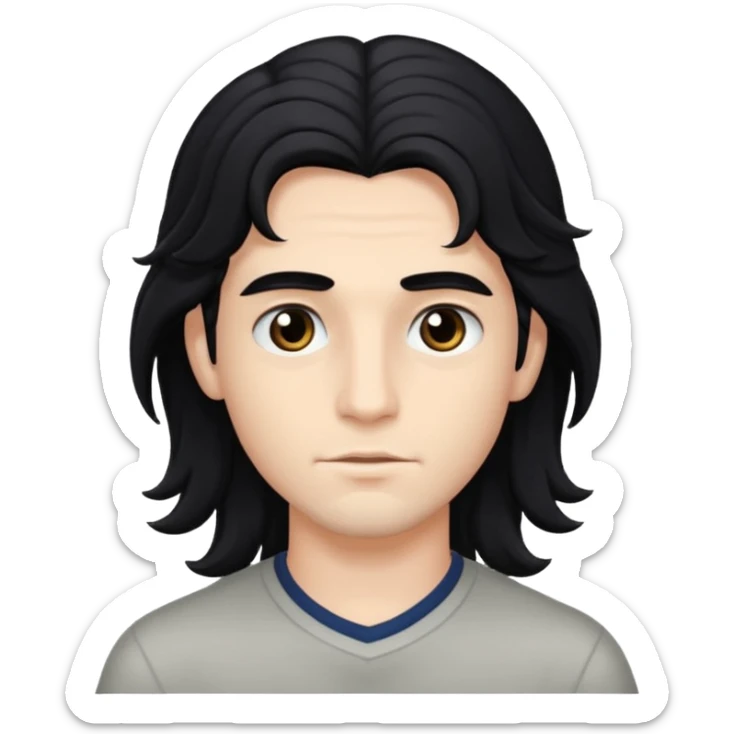 A handsome boy with long, wavy black hair that falls to his eyes, and matching dark eyes and eyebrows.
 sticker