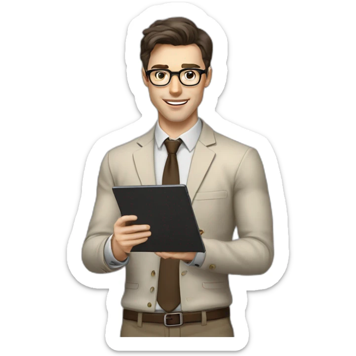 Pale skinned fit man with dark brown hair in gray jacket, beige office shirt, brown tie, brown pants and vintage glasses Writing on the tablet sticker