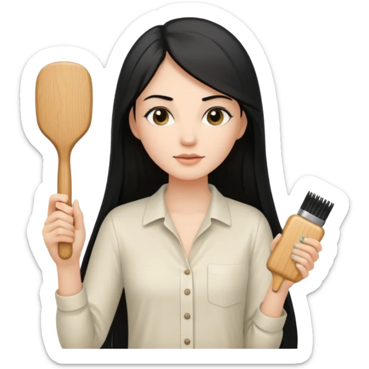A white woman with long, straight black hair, wearing an ivory-colored shirt, holding a small square wooden paddle hairbrush in her left hand and spraying a hair mist bottle with her right hand toward her hair. sticker