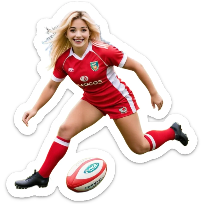 Chica de pelo rubio tirada en el suelo boca abajo agarrando un balón DE RUGBY con las manos vestida con una equipación de color rojo y blanco con líneas y con unas botas de tacos de fútbol, con un bucal en la boca y el pelo con trenzas, se la tienen que ver las 2 piernas y que sonría  sticker