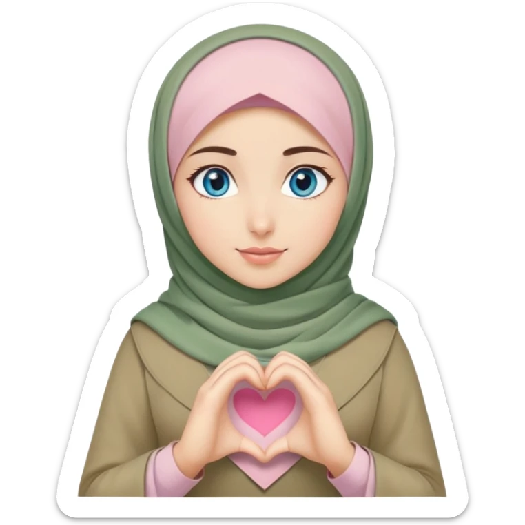 Turkish beautiful finish Konya girl blue eyes with khaki green and light pink hijab islamic dress and making heart with hands sticker