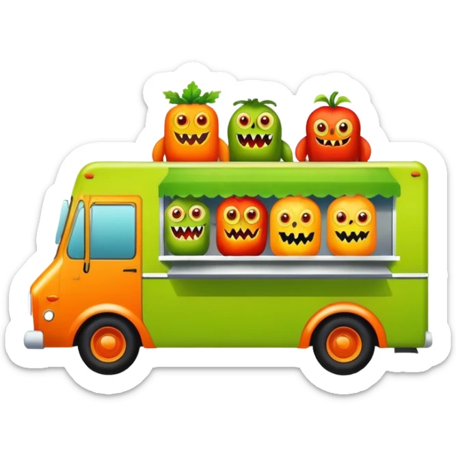 Green foodtruck with monster characters on it in red, orange, yellow sticker