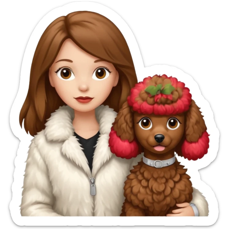 A white girl with a long brown straight hair and wearing a fur white jacket holds a brown poodle sticker