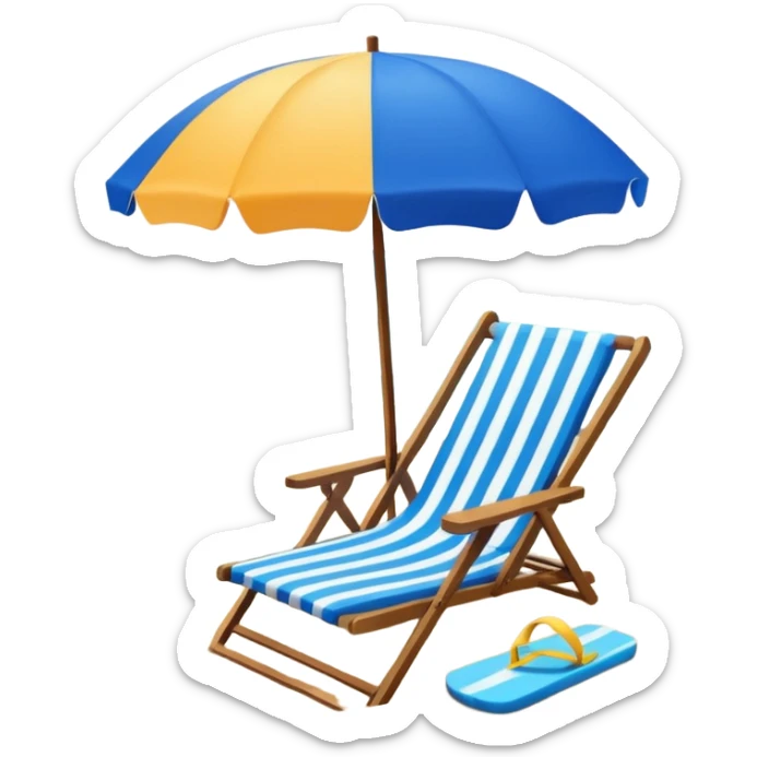 Icon for Beach Tourism: a sunny beach with the sea and waves, a lounge chair, a sun umbrella, and flip-flops on the sandy shore. The background should be a clear, vibrant ocean view with the sun shining brightly. Transparent background. sticker