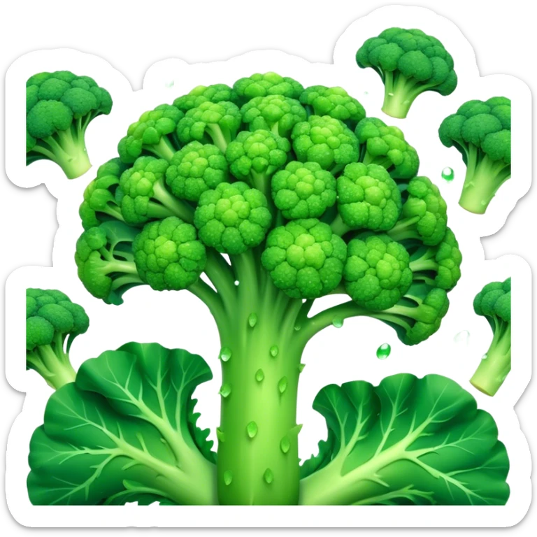 Cinematic lush green broccoli, detailed florets glistening with dewdrops, ultra-fresh and vibrant, soft glowing background, healthy and delicious. sticker