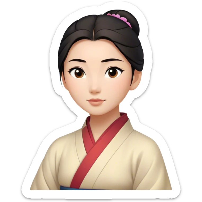 Cinematic Serene Mulan Portrait Emoji, rendered in a simplified vector style. Depict a gentle Mulan (chest and above) with warm, radiant skin, sleek dark hair pulled back in a neat bun, and a calm, thoughtful expression, wearing a simple traditional robe in muted hues. The design glows softly with an elegant, inviting light. sticker