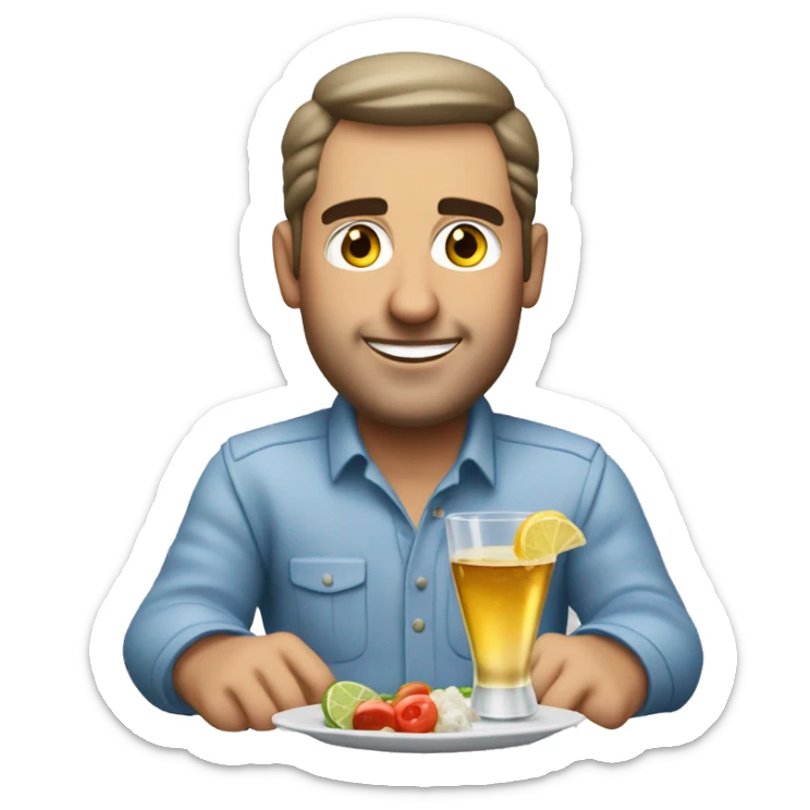 a man sitting at a table with appetisers and a glass of ouzo on the rocks sticker