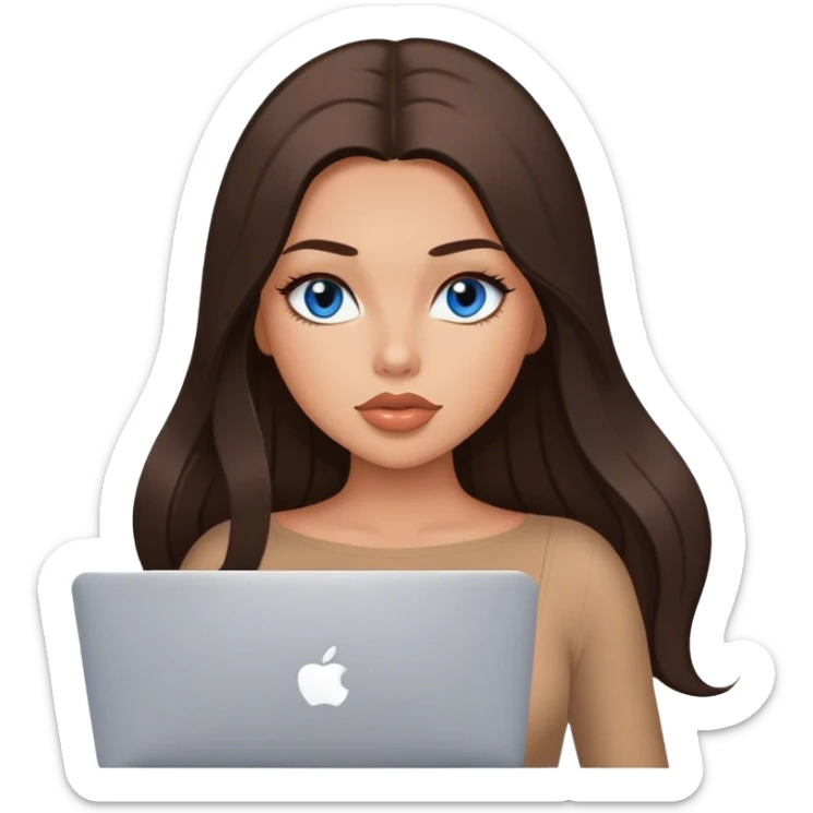 Glamours tanned very beautiful girl with big pump peach lips and dark chocolate straight smooth long hair, blue eyes in brown/beige bodysuit with MacBook sticker