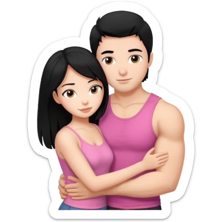 a pretty bratz fair girl. black hair, wearing a pink cami top hugging a handsome fair guy with black hair. lean but muscular who is wearing a black tee sticker