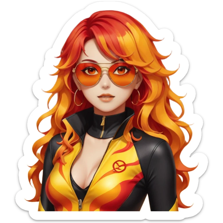 Beautiful gorgeous anime lady with beautiful fiery long warm-red-orange-yellow-gradient-wavy-special-hair, fashion aesthetic, slim red-tinted-sunglasses, accessories, gold jewelries, red-and-yellow sunny-pattern-eyes, black latex-suit, biker-woman, cool, badass, ahoge, gold necklace sticker