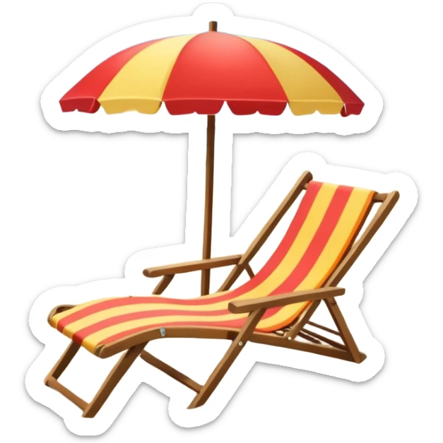 Icon for Beach Tourism: a sunny beach with the sea and waves, a lounge chair, a sun umbrella, and flip-flops on the sandy shore. The background should be a clear, vibrant ocean view with the sun shining brightly. Transparent background. sticker