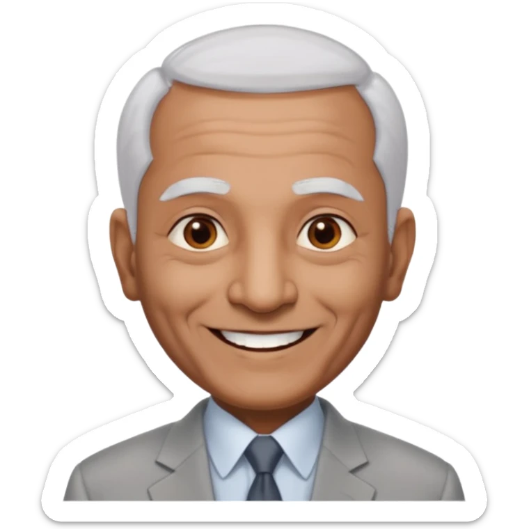 70 yr old indian man, almost bald, some white hair, light grey business suit, big smile, dark brown skin, no moustache, dark brown eyes
 sticker