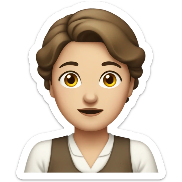 "A middle-aged woman with tired eyes, brown hair tied back, and a warm but worried look. She wears a simple dress with an apron." sticker