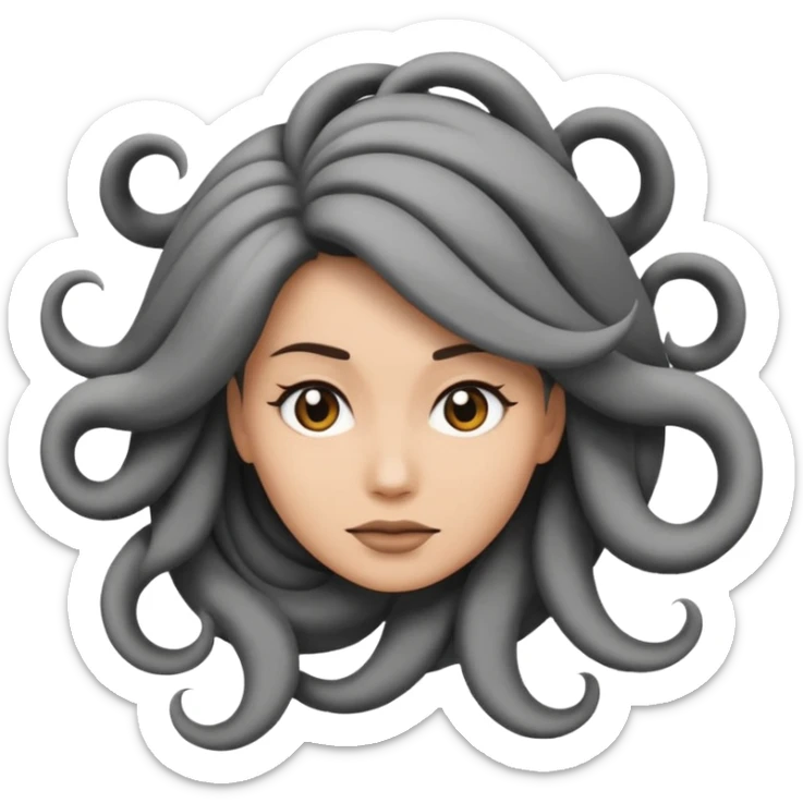 Minimalist emoji-style sticker of a woman’s head in profile, her hair spiraling into a vortex shape. Desaturated black and gray tones, emoji proportions.
 sticker