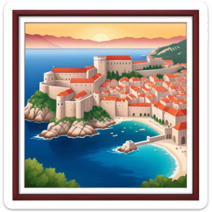 Cinematic Realistic Dubrovnik Landmark Emoji, depicted with historic fortified walls and red‚Äêtiled roofs rendered with intricate detail and dynamic, coastal lighting. sticker