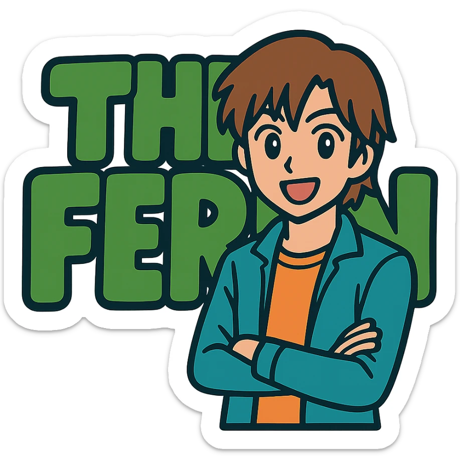 Add a brunette anime man standing in front of the green bubble letters that say 'The Fern' with a black outline. The man should have medium-length brown hair, stylish casual clothes, and an expressive anime face. Keep the playful, bold vibe. sticker