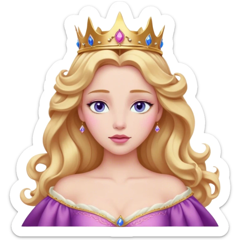 Cinematic Realistic Sleeping Beauty (Aurora) Portrait, with porcelain-like skin featuring a natural rosy flush, illuminated by soft lighting that highlights the gentle contours of her face. Her golden blonde hair flows in soft, detailed waves with subtle highlights that shimmer in the light. Her deep violet-blue eyes radiate warmth and innocence, framed by arched brows and long lashes. Her serene expression exudes quiet elegance. She is dressed in her classic pink gown, the fabric rich in texture with delicate folds that catch the light. A golden crown rests atop her head, gleaming with royal refinement. The portrait captures a soft, glowing aura, blending realism with an ethereal sense of beauty and timeless enchantment. sticker