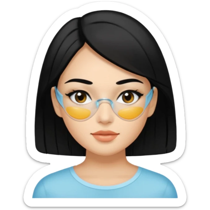 make an emoticon of a woman that has gel-like under eye patches of skincare of transparent color and make the woman slightly indian with only skintone and hair and no other such element and make the patches slightly bigger while keeping them transparent sticker